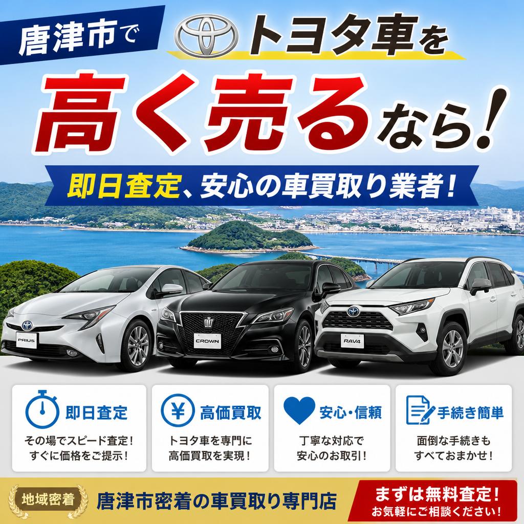 唐津市でトヨタ車を高く売るなら！即日査定、安心の車買取り業者！