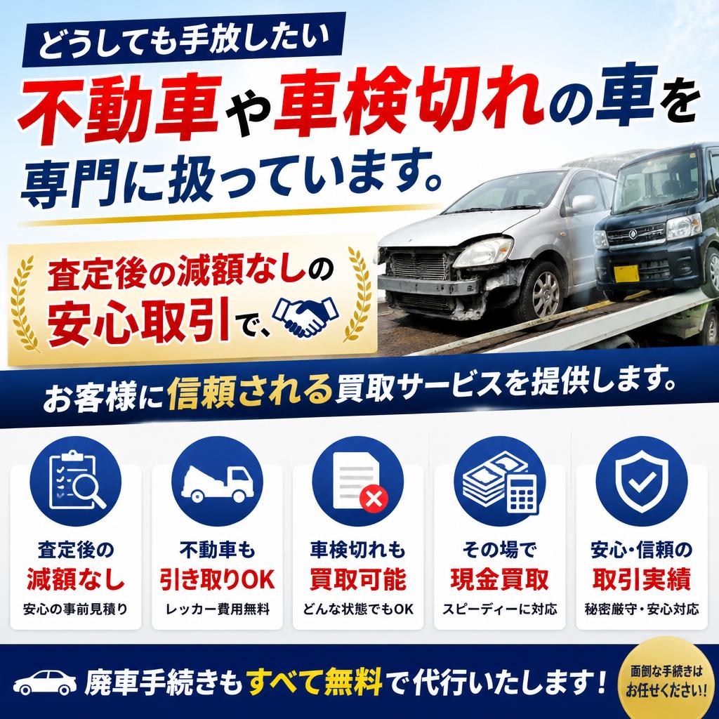 不動車や車検切れの車はお任せ！