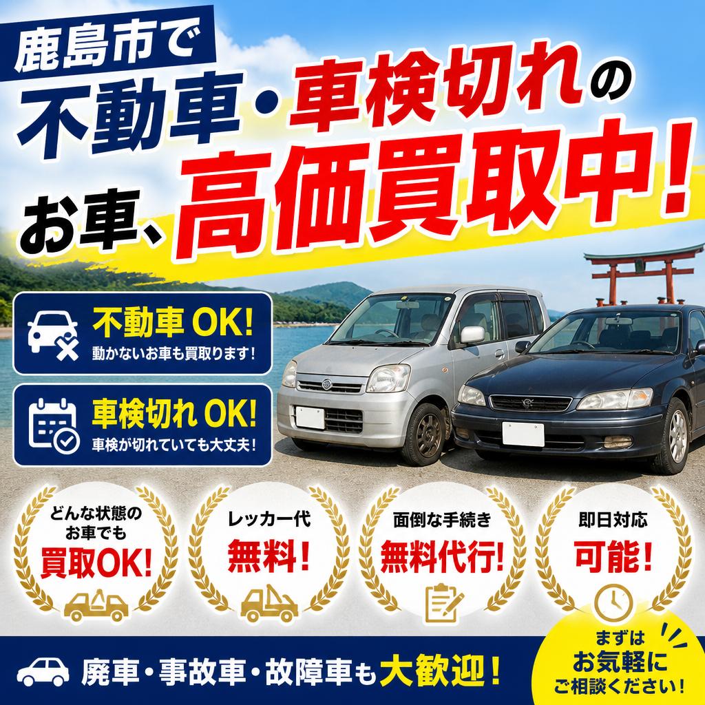 鹿島市で不動車・車検切れのお車、高価買取中！
