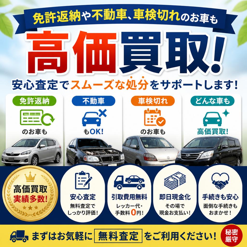 免許返納や不動車、車検切れのお車も高価買取！安心査定でスムーズな処分をサポートします！