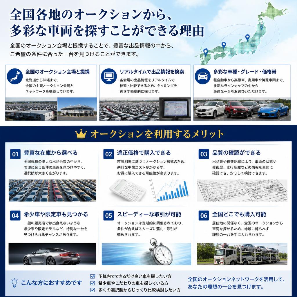全国のオークションで理想の1台を探せる理由